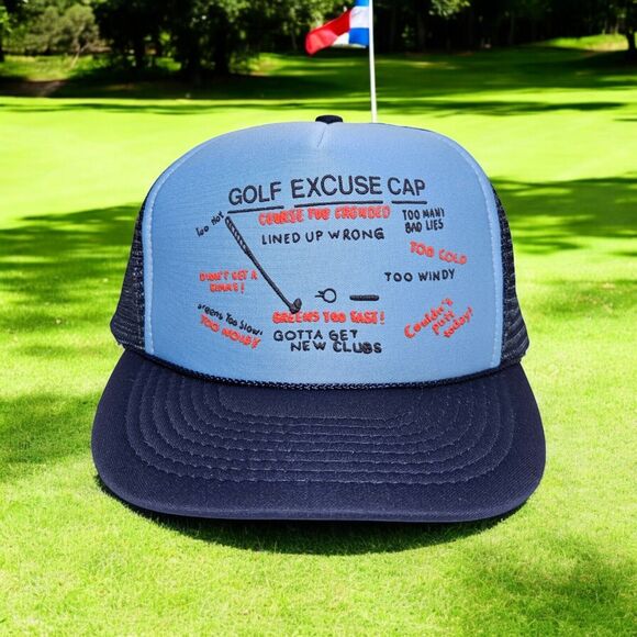 Vintage Golf Excuses Snapback Trucker Hat Blue Mesh Back Cap Two-tone High Crown - Picture 1 of 10